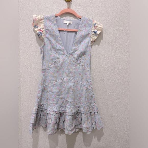 LoveShackFancy NWOT Arthur Baby Blue Skies Floral Flutter Sleeve Mini Dress Sz 0 - Picture 6 of 11